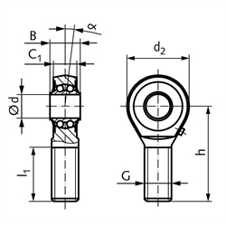 Gelenkkopf BR-R DIN 12240-4 Maßreihe K Außengewinde M16 rechts mit Pendelkugellager rostfrei, Technische Zeichnung