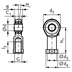 Gelenkkopf BR-R DIN 12240-4 Maßreihe K Innengewinde M12 links mit Pendelkugellager rostfrei, Technische Zeichnung