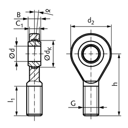 Gelenkkopf GAW DIN 12240-4 Maßreihe E Außengewinde M39x3 links wartungsfrei, Technische Zeichnung