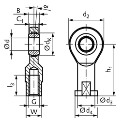 Gelenkkopf GEW DIN 12240-4 Maßreihe E Innengewinde M64x4 links wartungsfrei, Technische Zeichnung