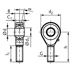 Gelenkkopf GS DIN ISO 12240-4 Maßreihe K Außengewinde M6 links == Vor Inbetriebnahme ist eine Erstschmierung erforderlich ==, Technische Zeichnung