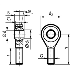 Gelenkkopf GT-R DIN ISO 12240-4 Maßreihe K Außengewinde M24x2 links wartungsfrei und rostfrei, Technische Zeichnung