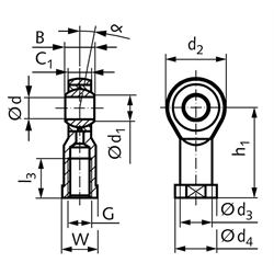 Gelenkkopf GT-R DIN ISO 12240-4 Maßreihe K Innengewinde M36x2 links wartungsfrei und rostfrei, Technische Zeichnung