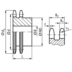 Zweifach-Kettenrad ZRG mit einseitiger Nabe 10 B-2 5/8x3/8" 11 Zähne Mat. Stahl Zähne induktiv gehärtet, Technische Zeichnung