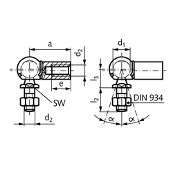 Winkelgelenk DIN 71802 Ausführung CS mit Sicherungsbügel Größe 16 Gewinde M10 rechts mit Mutter Edelstahl 1.4301, Technische Zeichnung