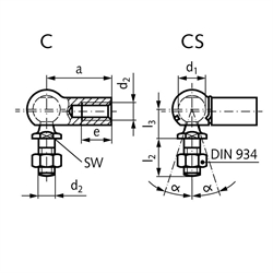Winkelgelenk DIN 71802 Ausführung CS mit Sicherungsbügel Größe 13 Gewinde M8 links mit Mutter Stahl verzinkt, Technische Zeichnung