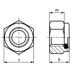 Sechskantmutter DIN 982 (ähnlich DIN EN ISO 7040) mit Klemmteil aus Polyamid M6 Stahl verzinkt Festigkeit 10, Technische Zeichnung