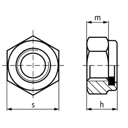 Sechskantmutter DIN 985 (ähnlich DIN EN ISO 10511) mit Klemmteil aus Polyamid M5 Edelstahl A2, Technische Zeichnung