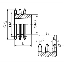 Dreifach-Kettenrad DRT 10 B-3 5/8x3/8" 21 Zähne Material Stahl für Taper-Spannbuchse Typ 1615, Technische Zeichnung