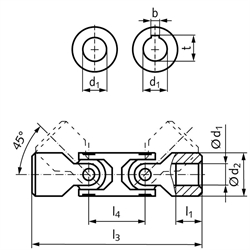 Präzisions-Wellengelenk WD DIN808 doppelt beidseitig Bohrung 25H7 mit Nut DIN 6885-1 Toleranz JS9 Stahl, Technische Zeichnung