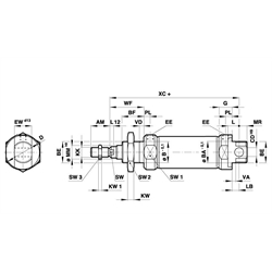 Doppeltwirkender Rundzylinder nach ISO 6432 mit Magnetkolben Zylinderdurchmesser 16mm Hub 10mm , Technische Zeichnung