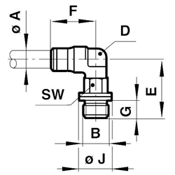 Drehbare Winkel-Einschraubverbindung 90° mit O-Ring Rohr-Außendurchmesser 4mm Gewinde G1/4A , Technische Zeichnung