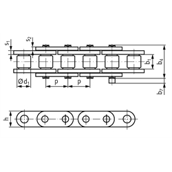 Einfach-Rollenkette ähnlich DIN ISO 606 16 B-1-GL mit geraden Laschen, Technische Zeichnung