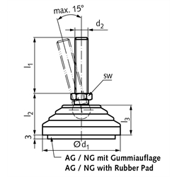 Gelenkfuss 344.5 Form NG M16 x 148mm lang Tellerdurchmesser 80mm Schraube aus Edelstahl , Technische Zeichnung