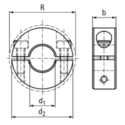 Geteilter Klemmring Stahl C45 brüniert Bohrung 100mm mit Schrauben DIN 912 12.9 , Technische Zeichnung