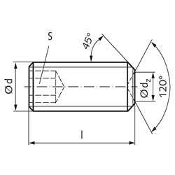 Gewindestift ISO 4029 (ex DIN 916) mit Innensechskant und Ringschneide Edelstahl A2 M8 x 8mm, Technische Zeichnung