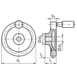 Scheiben-Handrad 323 Ausführung B/G mit drehbarem Griff Durchmesser 125mm , Technische Zeichnung