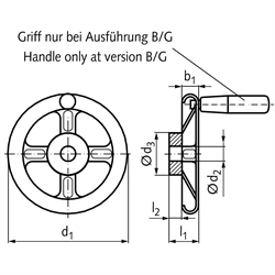 Speichen-Handrad aus Edelstahl 1.4404 (V4A) Ausführung B/G mit Griff Durchmesser 200mm, Technische Zeichnung