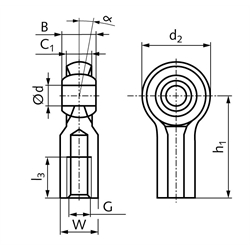 Gelenkkopf igus igubal KCLM-10-F Innen-Feingewinde M10x1,25 links, Technische Zeichnung