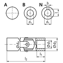 Kreuzgelenk KE Außendurchmesser 40mm beidseitig Bohrung 25H7 mit Nut DIN 6885-1 Toleranz JS9, Technische Zeichnung