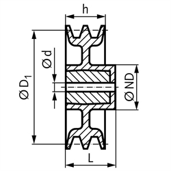 Keilriemenscheibe aus Aluminium Profil XPA, SPA und A (13) 2-rillig Nenndurchmesser 250mm, Technische Zeichnung