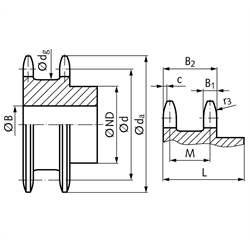 Doppel-Kettenrad ZRENG für 2 Einfach-Rollenketten 16 B-1 1"x17,02mm 21 Zähne Material Stahl Zähne gehärtet, Technische Zeichnung