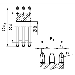 Dreifach-Kettenradscheibe DRL ohne Nabe 08 B-3 1/2x5/16" 17 Zähne Mat. Stahl , Technische Zeichnung