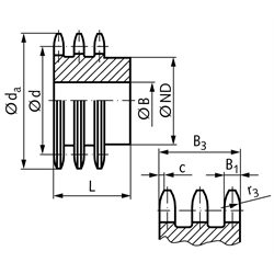 Dreifach-Kettenrad DRS mit einseitiger Nabe 16 B-3 1"x17,02mm 16 Zähne Mat. Stahl , Technische Zeichnung
