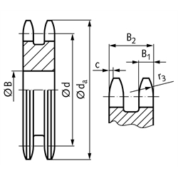 Zweifach-Kettenradscheibe ZRL ohne Nabe 08 B-2 1/2x5/16" 15 Zähne Mat. Stahl , Technische Zeichnung