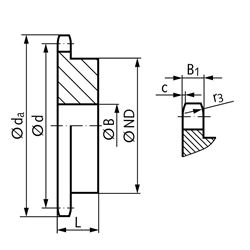 Kettenrad KRG mit einseitiger Nabe 12 B-1 3/4x7/16" 24 Zähne Material Stahl Zähne induktiv gehärtet, Technische Zeichnung