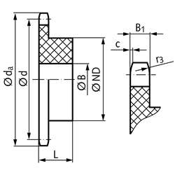 Kettenrad KRK mit einseitiger Nabe 06B-1 3/8x7/32" 21 Zähne Mat. Polyacetal , Technische Zeichnung