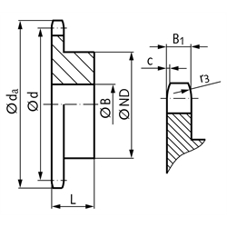 Kettenrad KRR mit einseitiger Nabe 12B-1 3/4x7/16" 13 Zähne Mat. 1.4301, Technische Zeichnung