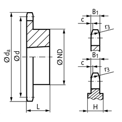 Kettenrad KRT 10 B-1 5/8x3/8" 28 Zähne Material Stahl für Taper-Spannbuchse Typ 2012 , Technische Zeichnung