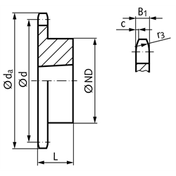 Kettenrad KRTG 12 B-1 3/4x7/16" 13 Zähne Material Stahl Verzahnung gehärtet für Taper-Spannbuchse Typ 1210 , Technische Zeichnung