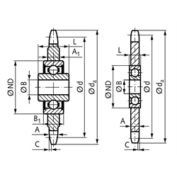 Kettenspannrad KSP-R Material 1.4301 08 B-1 1/2x5/16" 14 Zähne mit Kugellager, Technische Zeichnung