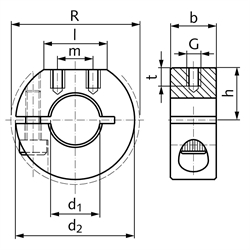 Geschlitzter Klemmring aus Edelstahl 1.4305 Bohrung 35mm mit Schraube DIN 912 A2-70 Ausf. GR, Technische Zeichnung