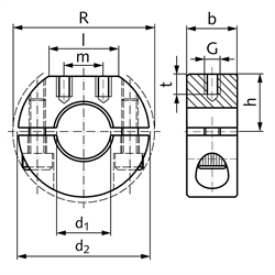 Geteilter Klemmring aus Edelstahl 1.4305 Bohrung 20mm mit Schrauben DIN 912 A2-70 Ausf. GR, Technische Zeichnung