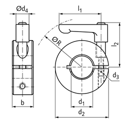 Geschlitzter Klemmring Aluminium Bohrung 8mm mit verstellbarem Klemmhebel M3 x 10 Länge 22mm, Technische Zeichnung