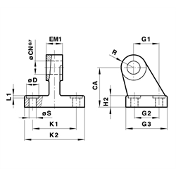 Lagerbock starr, schmale Ausführung für Zylinderdurchmesser 40mm Gegenlager für Gabelbefestigung , Technische Zeichnung