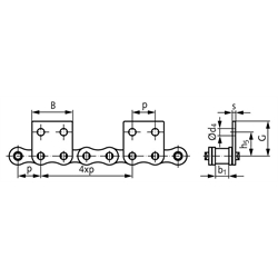 Flachlaschen-Rollenkette12 B-1-M2, 4xp mit einseitigen breiten Flachlaschen mit 2 Befestigungsbohrungen am Aussenglied im Abstand 4xp , Technische Zeichnung