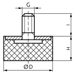 Gummi-Metall-Anschlagpuffer MGS Durchmesser 20mm Höhe 20mm Gewinde M6x18 , Technische Zeichnung
