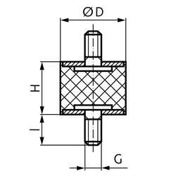 Metall-Gummipuffer MGP Durchmesser 30mm Höhe 40mm Gewinde M8 x 20mm Edelstahl 1.4301 , Technische Zeichnung