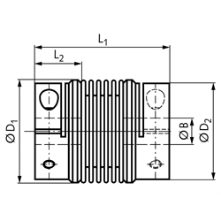 Metall-Balgkupplung MBL lange Ausführung beidseitig Bohrung 10mm Gesamtlänge 57,0mm Nabendurchmesser 31,0mm , Technische Zeichnung
