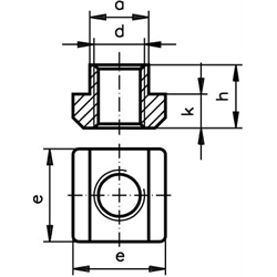 Mutter DIN 508 für T-Nut 5mm DIN 650 Gewinde M4 Güteklasse 10, Technische Zeichnung