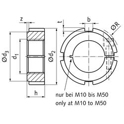 Nutmutter KMM geschlitzt mit Klemmschraube Größe 13 Gewinde M65x2 Material Stahl verzinkt, Technische Zeichnung