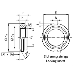 Nutmutter UW rostfrei mit Sicherungseinlage Gewinde M90x2 Edelstahl 1.4301 , Technische Zeichnung