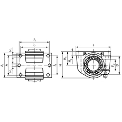 Präzisions-Gehäuse KG ISO-Reihe 3 Gehäuse-Bohrung 62mm geschlitzt für Linearlager für Wellendurchmesser 40mm, Technische Zeichnung