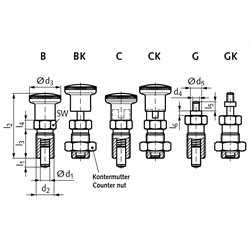 Rastbolzen 817 Form GK Bolzendurchmesser 5mm , Technische Zeichnung