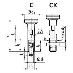 Rastbolzen 717 Form CK Bolzendurchmesser 10mm Gewinde M16x1,5, Technische Zeichnung