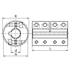 Geteilte Schalenkupplung MAT beidseitig Bohrung 8mm mit Nut Edelstahl 1.4305 mit Schrauben DIN 912 A2-70 , Technische Zeichnung